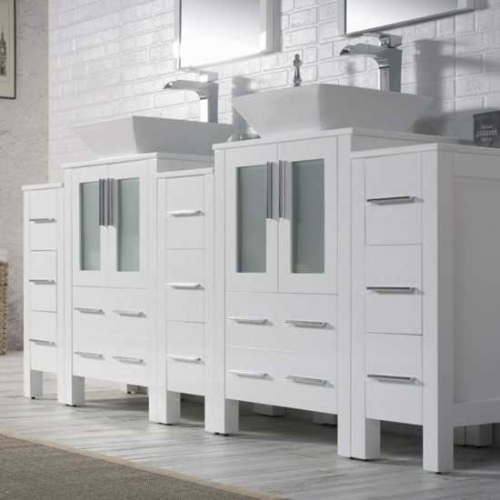 Sydney 84 Inch Vanity with Ceramic Double Vessel Sinks & Mirrors - White