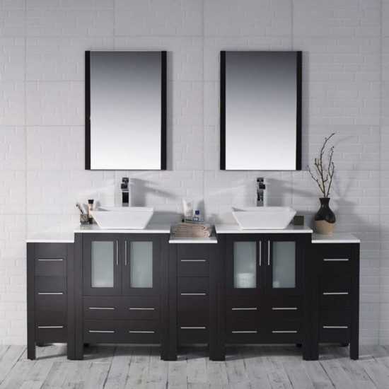 Sydney 84 Inch Vanity with Ceramic Double Vessel Sinks & Mirrors - Espresso