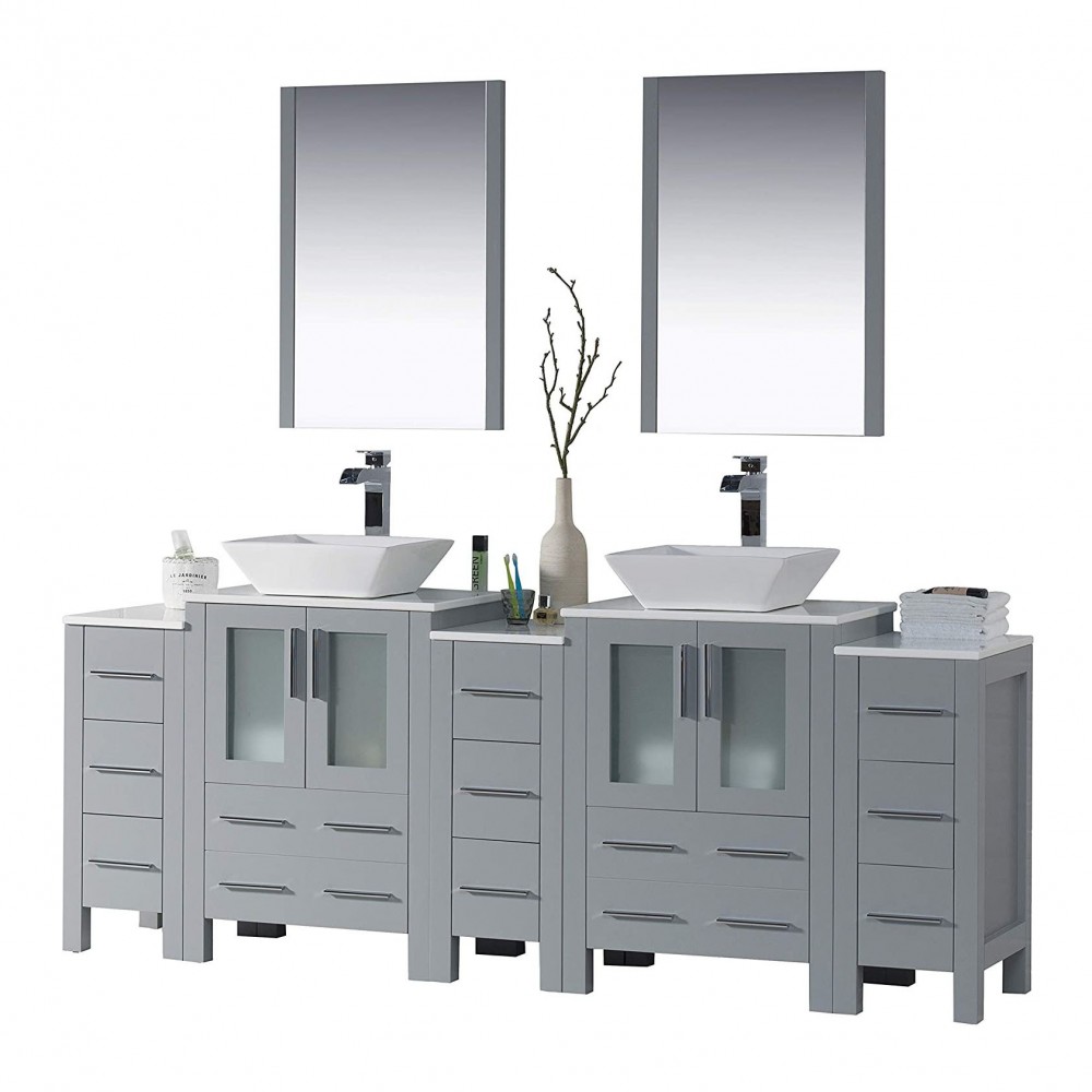 Sydney 84 Inch Vanity with Ceramic Double Vessel Sinks & Mirrors - Metal Gray