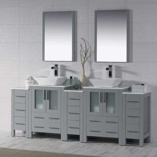 Sydney 84 Inch Vanity with Ceramic Double Vessel Sinks & Mirrors - Metal Gray