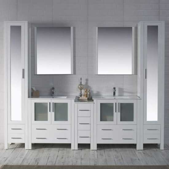 Sydney 102 Inch Vanity with Ceramic Double Sinks & Mirrors - White