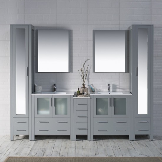 Sydney 102 Inch Vanity with Ceramic Double Sinks & Mirrors - Metal Gray