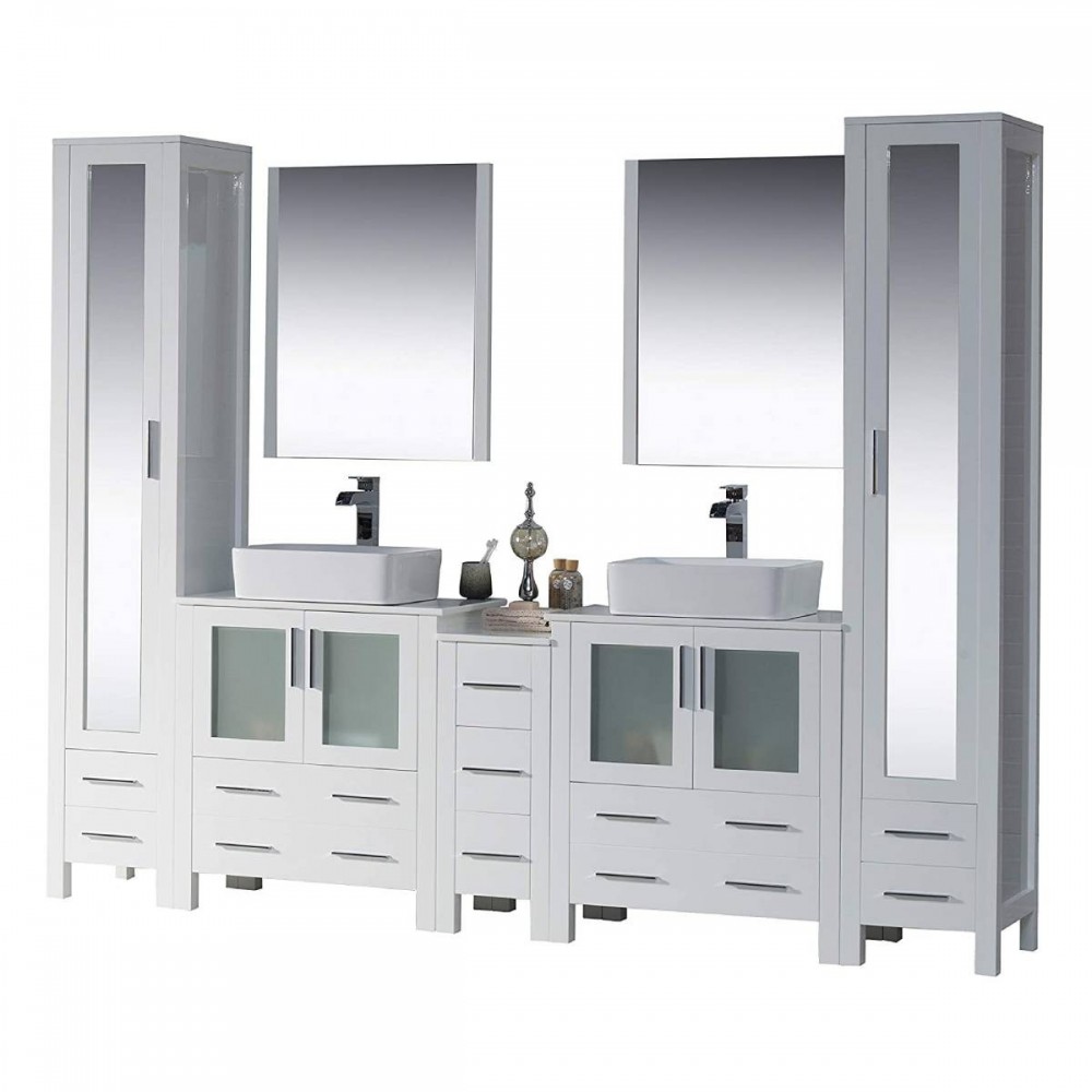 Sydney 102 Inch Vanity with Ceramic Double Vessel Sinks & Mirrors - White Sydney 102 Inch Vanity with Ceramic Double Vessel Sinks & Mirrors - White