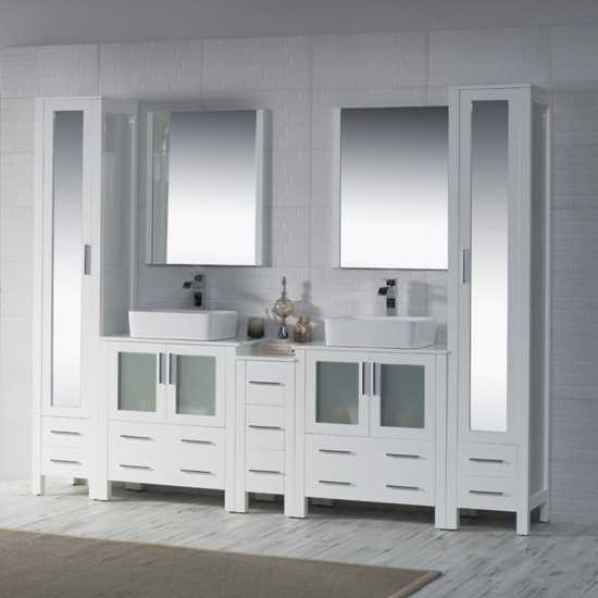 Sydney 102 Inch Vanity with Ceramic Double Vessel Sinks & Mirrors - White