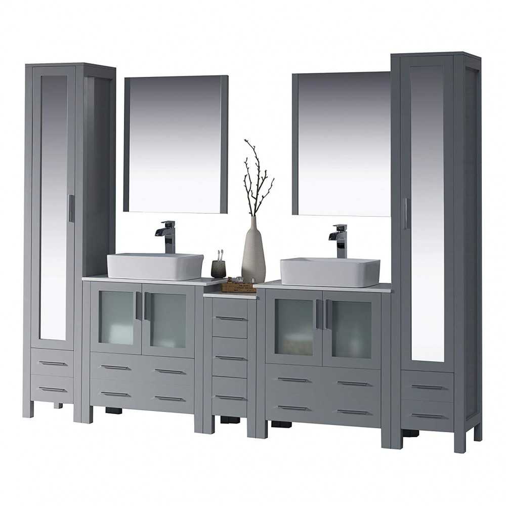 Sydney 102 Inch Vanity with Ceramic Double Vessel Sinks & Mirrors - Metal Gray