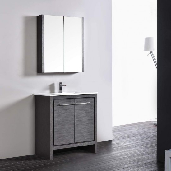 Milan 30 Inch Vanity with Ceramic Sink & Mirrored Medicine Cabinet - Silver Grey