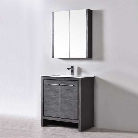 Milan 30 Inch Vanity with Ceramic Sink & Mirrored Medicine Cabinet - Silver Grey