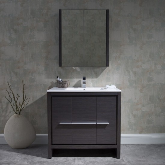 Milan 36 Inch Vanity with Ceramic Sink & Mirrored Medicine Cabinet - Silver Grey