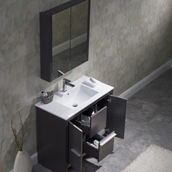 Milan 36 Inch Vanity with Ceramic Sink & Mirrored Medicine Cabinet - Silver Grey