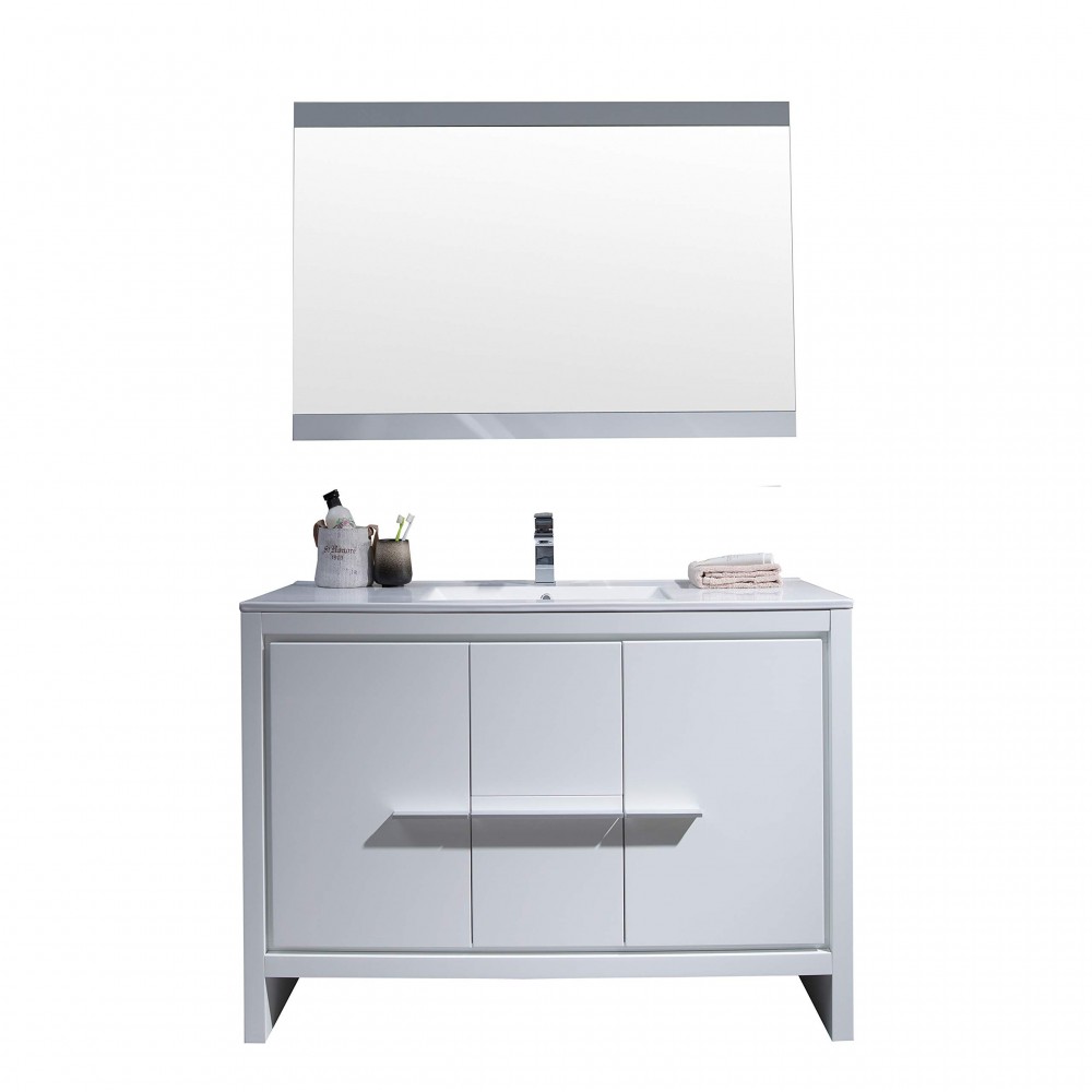 Milan 48 Inch Vanity with Ceramic Single Sink & Mirror - White