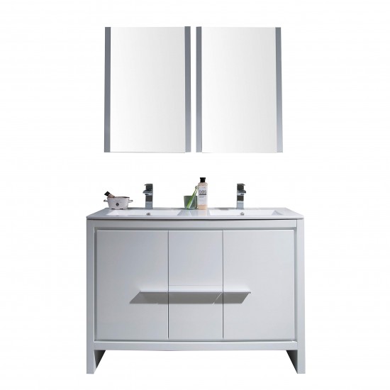 48 Inch Vanity with Ceramic Double Sinks & Mirrored Medicine Cabinets - White