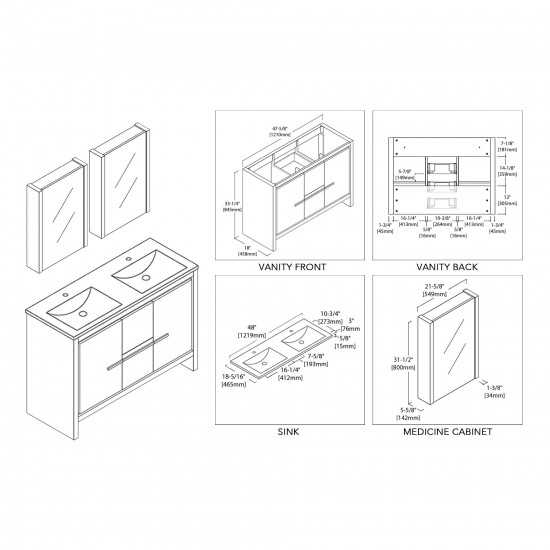 48 Inch Vanity with Ceramic Double Sinks & Mirrored Medicine Cabinets - White