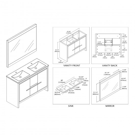 Milan 48 Inch Vanity with Ceramic Double Sinks & Mirror - Silver Grey