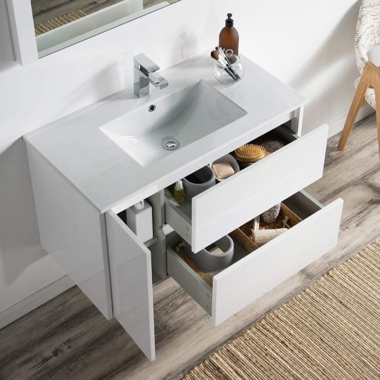 Valencia 36 Inch Vanity with Ceramic Sink & Mirror - White