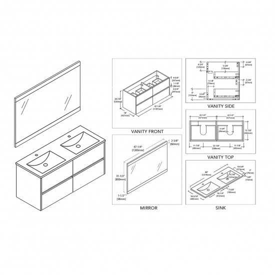 Valencia 48 Inch Double Vanity with Ceramic Sink & Mirror - White