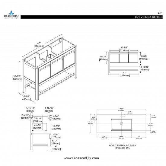Vienna 48 Inch Vanity with Acrylic Single Sink - Matte Gray