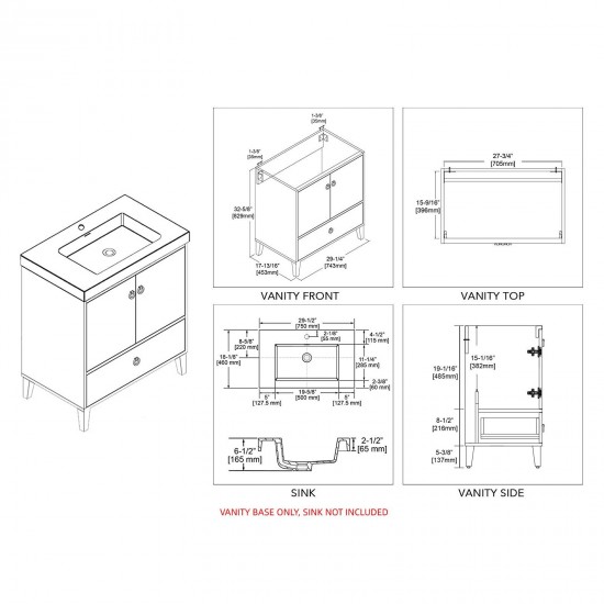 Lyon 30 Inch Vanity Base Only - White