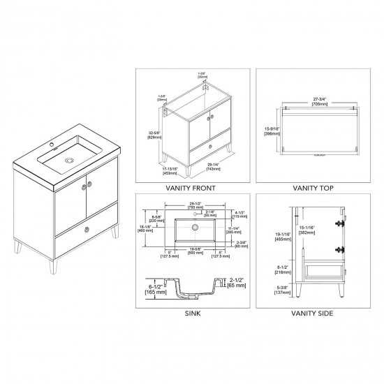 Lyon 30 Inch Vanity with Acrylic Sink - White