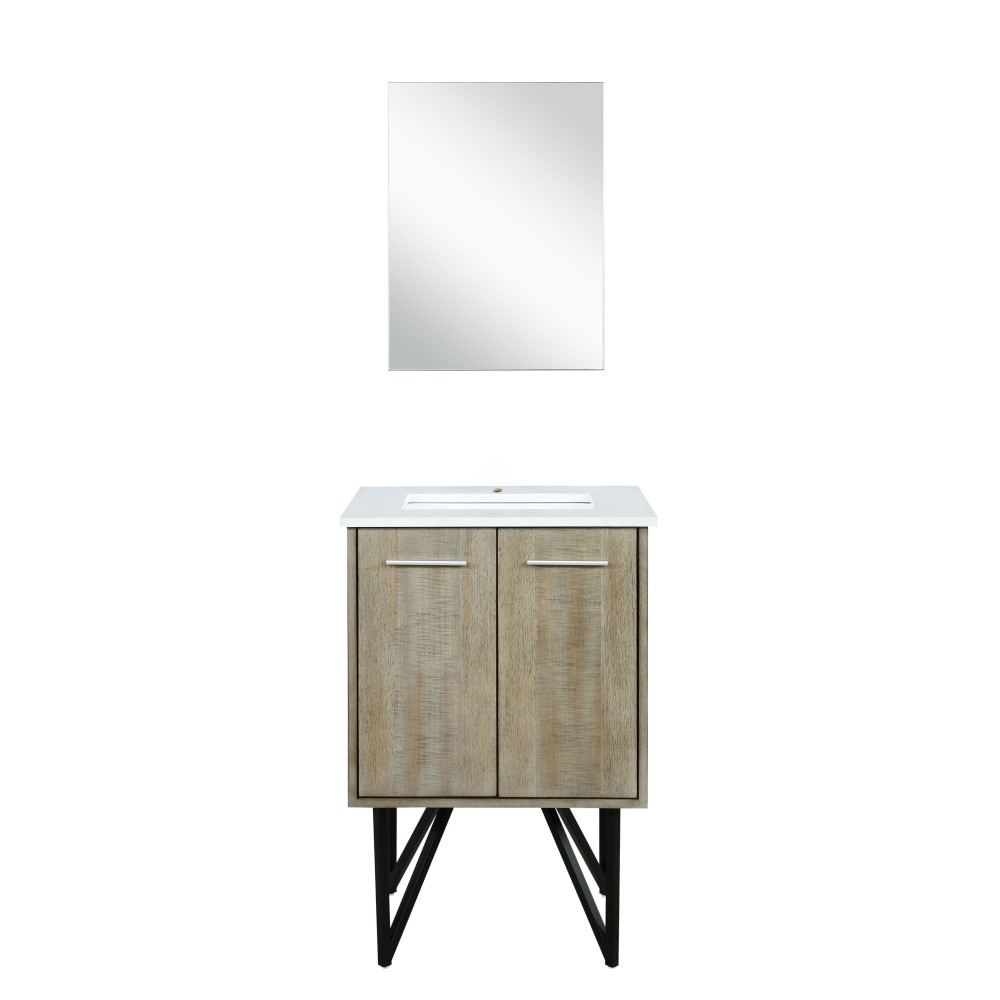 Lancy 24" Rustic Acacia Bathroom Vanity, White Quartz Top, White Square Sink, and 18" Frameless Mirror