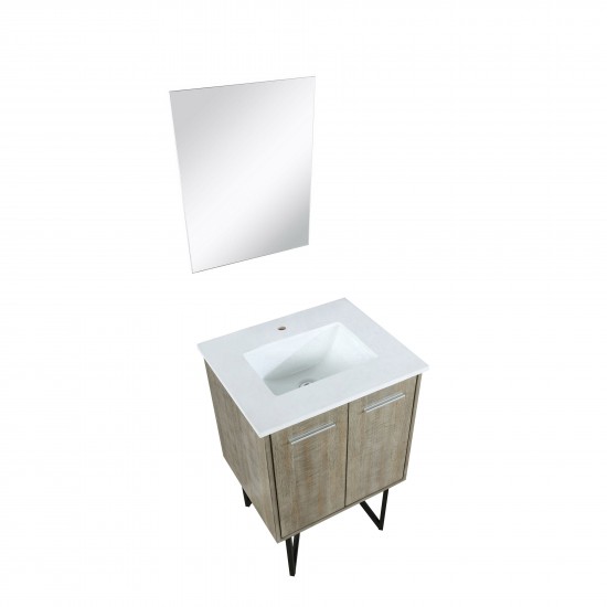 Lancy 24" Rustic Acacia Bathroom Vanity, White Quartz Top, White Square Sink, and 18" Frameless Mirror