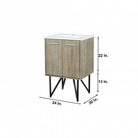 Lancy 24" Rustic Acacia Bathroom Vanity, White Quartz Top, White Square Sink, and 18" Frameless Mirror