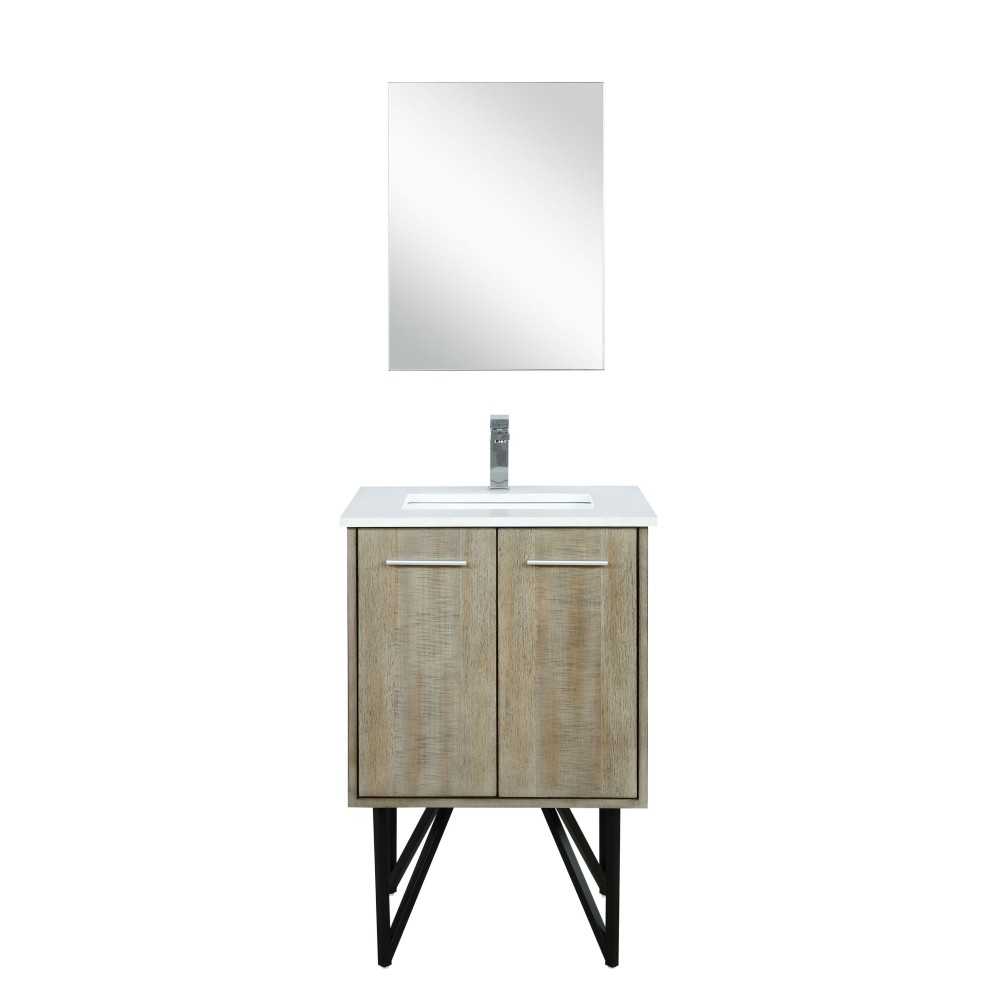 Lancy 24" Rustic Acacia Bathroom Vanity, White Quartz Top, White Square Sink, Monte Chrome Faucet Set, and 18" Frameless Mirr