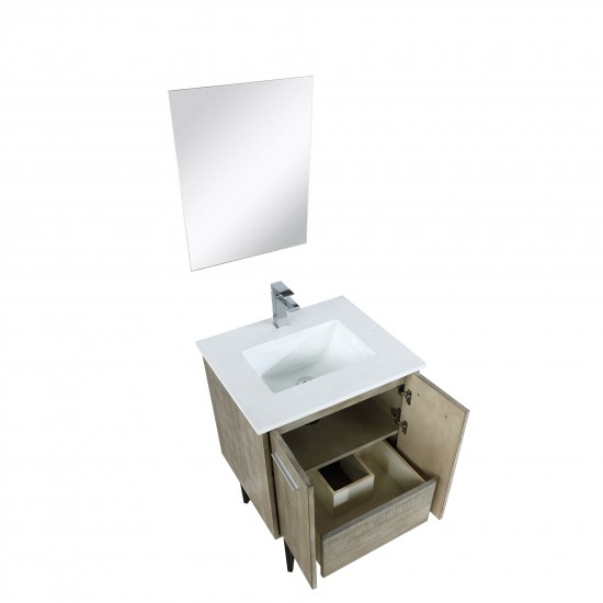 Lancy 24" Rustic Acacia Bathroom Vanity, White Quartz Top, White Square Sink, Monte Chrome Faucet Set, and 18" Frameless Mirr