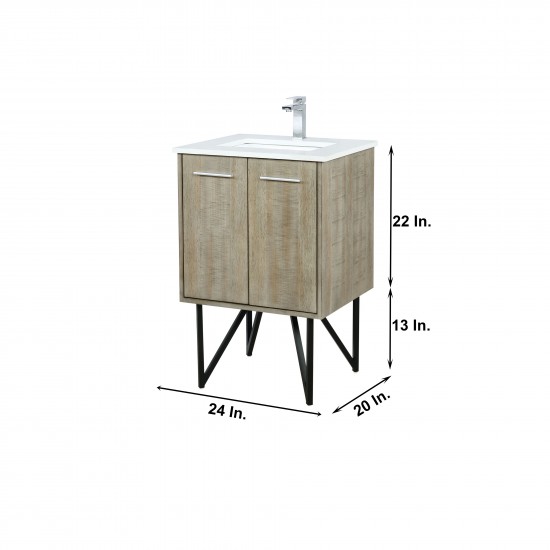 Lancy 24" Rustic Acacia Bathroom Vanity, White Quartz Top, White Square Sink, Monte Chrome Faucet Set, and 18" Frameless Mirr