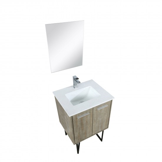 Lancy 24" Rustic Acacia Vanity, White Quartz Top, White Square Sink, Labaro Brushed Nickel Faucet Set, and 18" Frameless Mirr