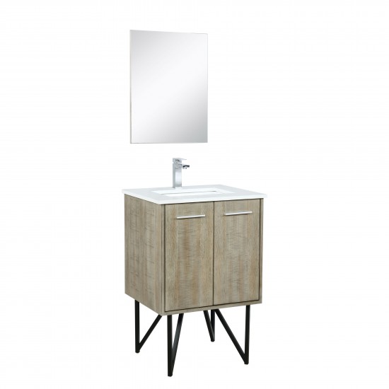 Lancy 24" Rustic Acacia Vanity, White Quartz Top, White Square Sink, Labaro Brushed Nickel Faucet Set, and 18" Frameless Mirr