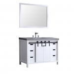 Marsyas 48" White Single Vanity, Grey Quartz Top, White Square Sink and 44" Mirror w/ Faucet