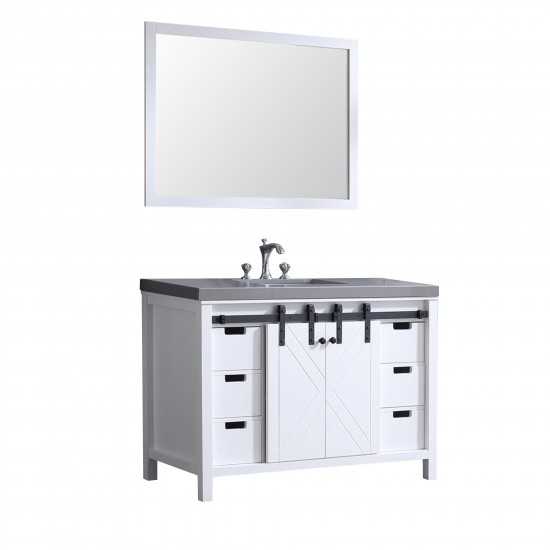 Marsyas 48" White Single Vanity, Grey Quartz Top, White Square Sink and 44" Mirror w/ Faucet