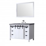 Marsyas 48" White Single Vanity, Grey Quartz Top, White Square Sink and 44" Mirror w/ Faucet