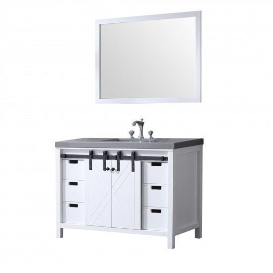 Marsyas 48" White Single Vanity, Grey Quartz Top, White Square Sink and 44" Mirror w/ Faucet