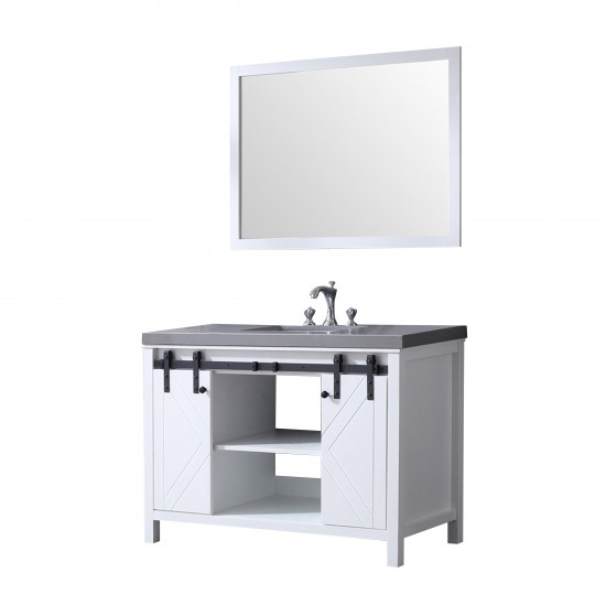 Marsyas 48" White Single Vanity, Grey Quartz Top, White Square Sink and 44" Mirror w/ Faucet