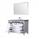 Marsyas 48" White Single Vanity, Grey Quartz Top, White Square Sink and 44" Mirror w/ Faucet