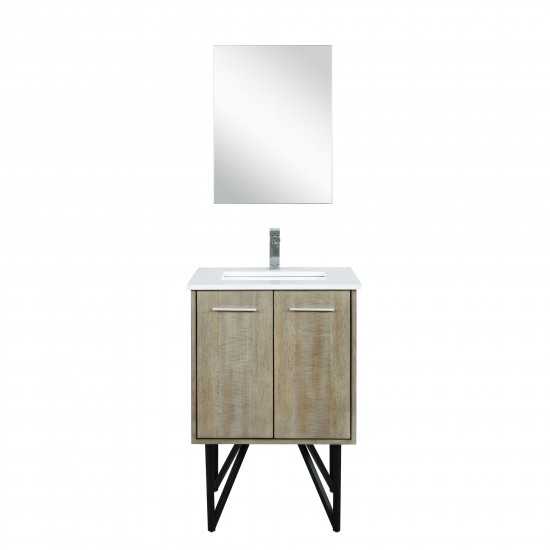 Lancy 24" Rustic Acacia Vanity, White Quartz Top, White Square Sink, Balzani Gun Metal Faucet Set, and 18" Frameless Mirror