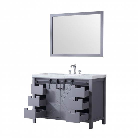 Marsyas 48" Dark Grey Single Vanity, White Carrara Marble Top, White Square Sink and 44" Mirror w/ Faucet