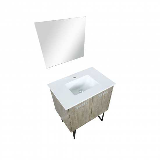 Lancy 30" Rustic Acacia Bathroom Vanity, White Quartz Top, White Square Sink, and 28" Frameless Mirror