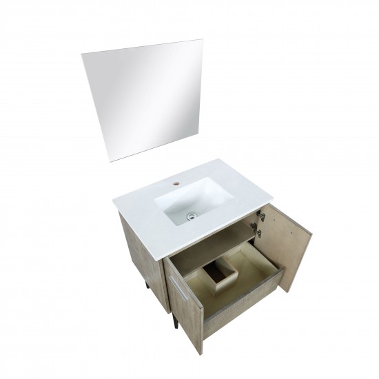 Lancy 30" Rustic Acacia Bathroom Vanity, White Quartz Top, White Square Sink, and 28" Frameless Mirror