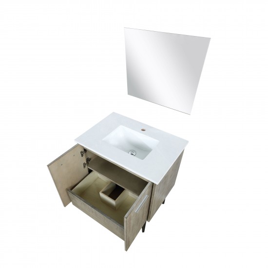 Lancy 30" Rustic Acacia Bathroom Vanity, White Quartz Top, White Square Sink, and 28" Frameless Mirror