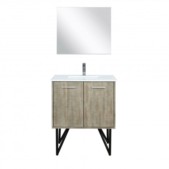 Lancy 30" Rustic Acacia Bathroom Vanity, White Quartz Top, White Square Sink, Monte Chrome Faucet Set, and 28" Frameless Mirr