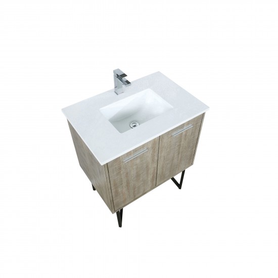 Lancy 30" Rustic Acacia Bathroom Vanity, White Quartz Top, White Square Sink, and Labaro Brushed Nickel Faucet Set