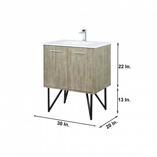 Lancy 30" Rustic Acacia Bathroom Vanity, White Quartz Top, White Square Sink, and Labaro Brushed Nickel Faucet Set