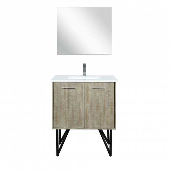 Lancy 30" Rustic Acacia Vanity, White Quartz Top, White Square Sink, Labaro Rose Gold Faucet Set, and 28" Frameless Mirror