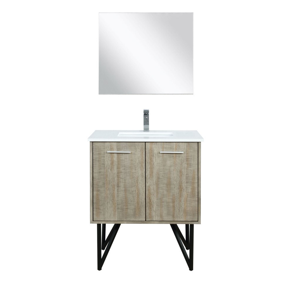 Lancy 30" Rustic Acacia Vanity, White Quartz Top, White Square Sink, Balzani Gun Metal Faucet Set, and 28" Frameless Mirror