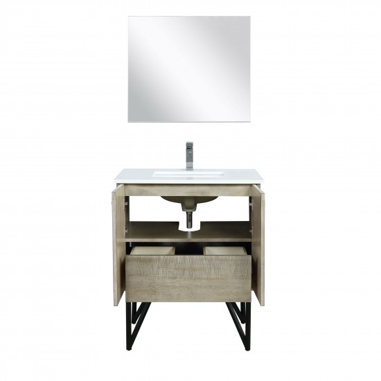 Lancy 30" Rustic Acacia Vanity, White Quartz Top, White Square Sink, Balzani Gun Metal Faucet Set, and 28" Frameless Mirror