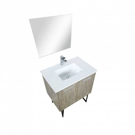 Lancy 30" Rustic Acacia Vanity, White Quartz Top, White Square Sink, Balzani Gun Metal Faucet Set, and 28" Frameless Mirror