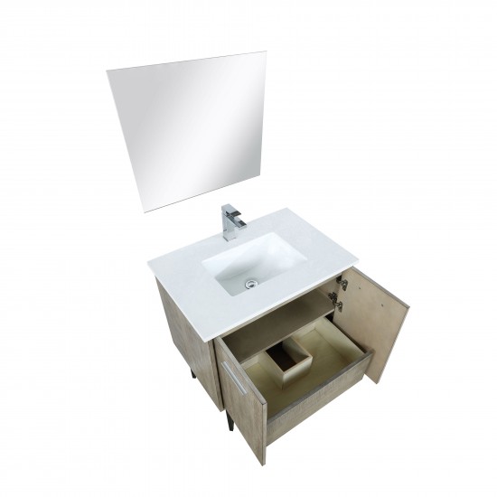 Lancy 30" Rustic Acacia Vanity, White Quartz Top, White Square Sink, Balzani Gun Metal Faucet Set, and 28" Frameless Mirror