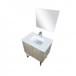 Lancy 30" Rustic Acacia Vanity, White Quartz Top, White Square Sink, Balzani Gun Metal Faucet Set, and 28" Frameless Mirror